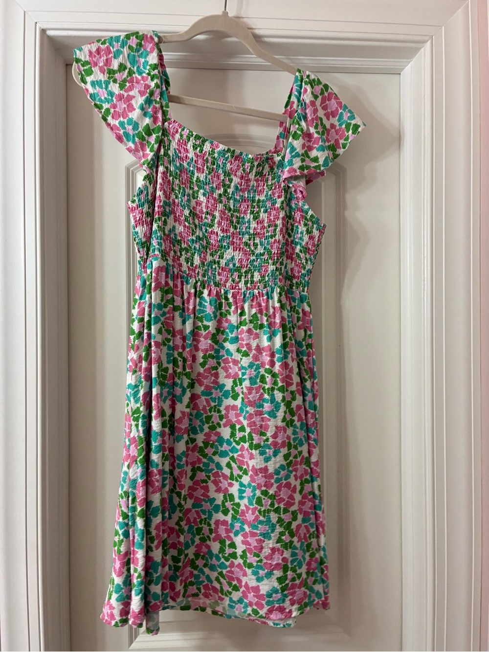 Floral Smocked Casual Dress in Pink & Green